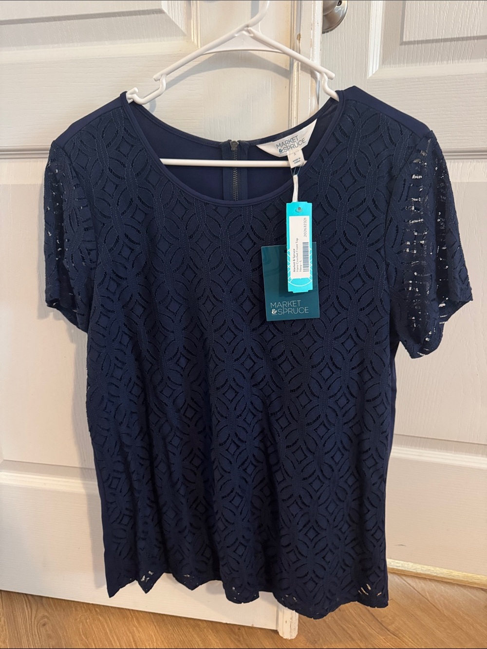 Market & Spruce Navy Geometric Lace Short Sleeve Top